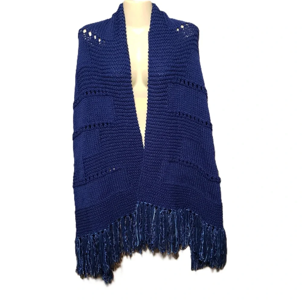 NEW Navy Blue Hand Knitted Shawl Wrap Scarf Eyelet Boho Coastal Glam Artsy Indie